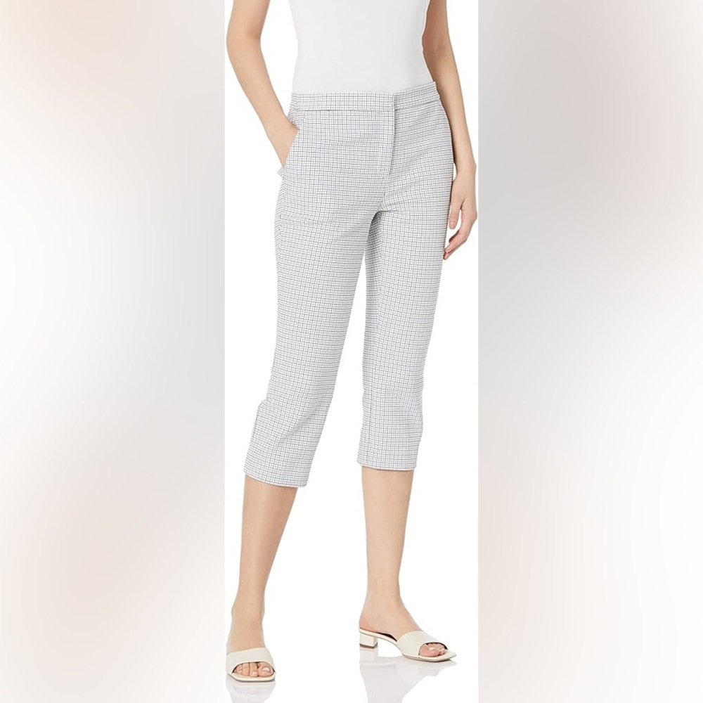 💕🌸 Theory Women Grid White Black Print Easy Capri Pant Sz 4 Old Money Luxury